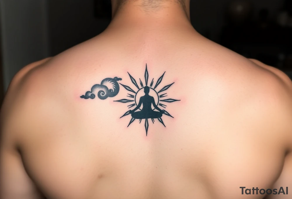yin-yang one side storm one side sunshine central meditative silhouette figure tattoo idea