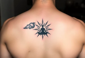 yin-yang one side storm one side sunshine central meditative silhouette figure tattoo idea