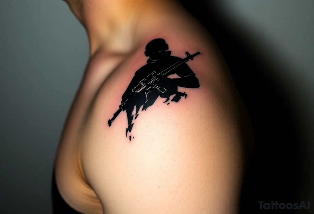 Minimalist covert operative symbolism representing loyalty and survival, faceless soldier silhouette emerging from darkness, torn fabric, subtle scars, controlled posture, black and grey realism, emotional restraint, understated strength, tattoo sleeve element. tattoo idea