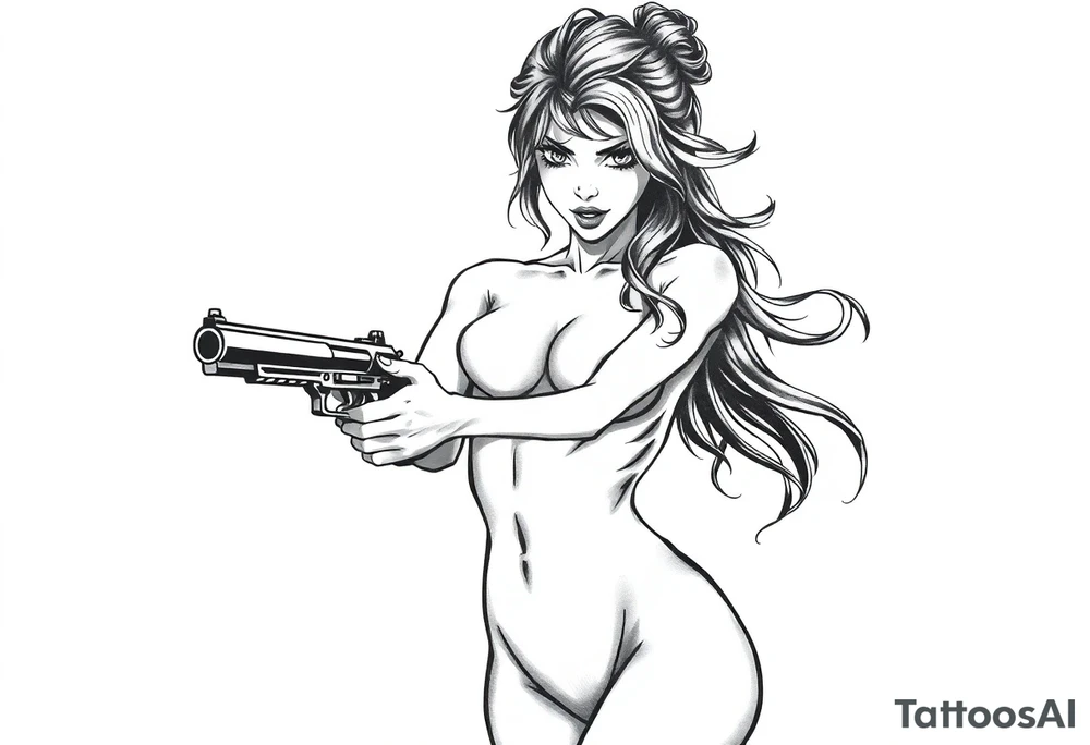 naked girl with gun, angry tattoo idea