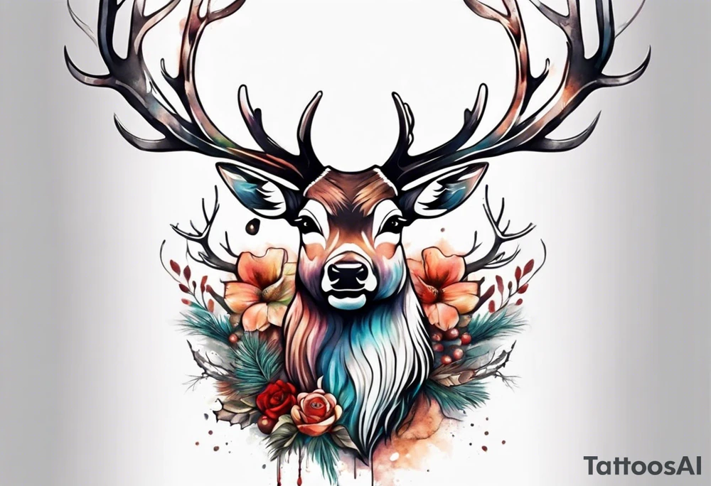 back tattoo of a front view reindeer with half the face as a skull tattoo idea