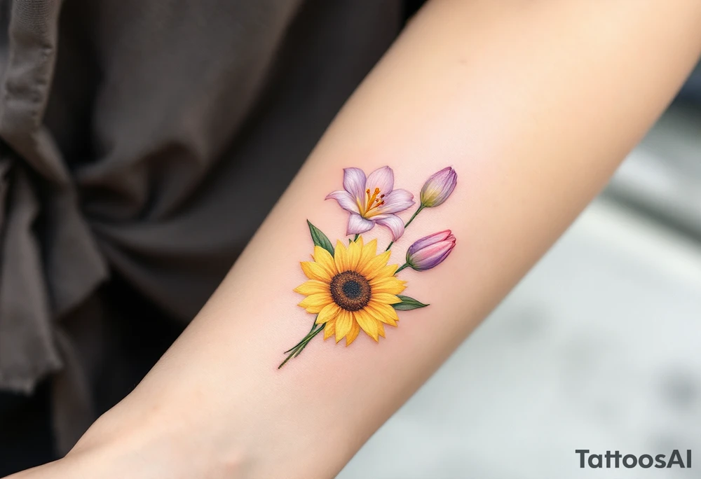 Small yellow sunflowers with two simple stargazer Lilly in pale pink and pale purple tulip buds in a dainty wildflower bouquet with light green stems. Low detail. Include feminine stem lines. tattoo idea