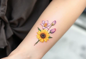 Small yellow sunflowers with two simple stargazer Lilly in pale pink and pale purple tulip buds in a dainty wildflower bouquet with light green stems. Low detail. Include feminine stem lines. tattoo idea