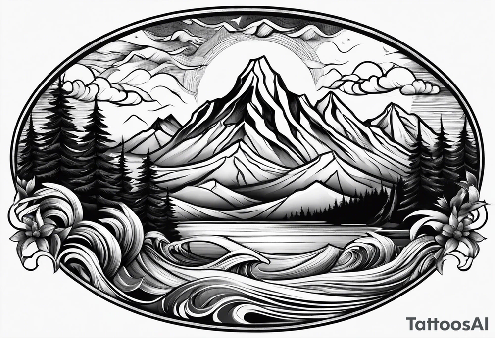 Mountains and ocean waves tattoo idea