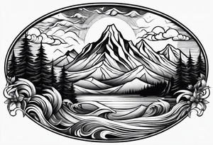 Mountains and ocean waves tattoo idea