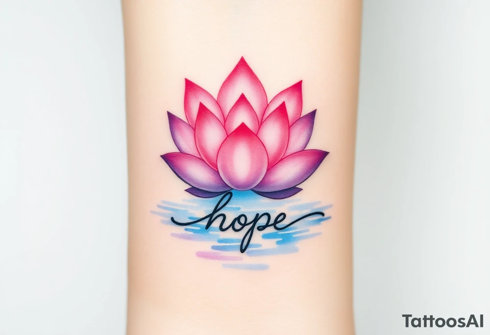 A lotus flower in soft pink and lavender hues, blooming gracefully above rippling water with word "hope" rising from water tattoo idea