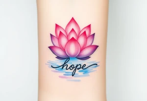 A lotus flower in soft pink and lavender hues, blooming gracefully above rippling water with word "hope" rising from water tattoo idea