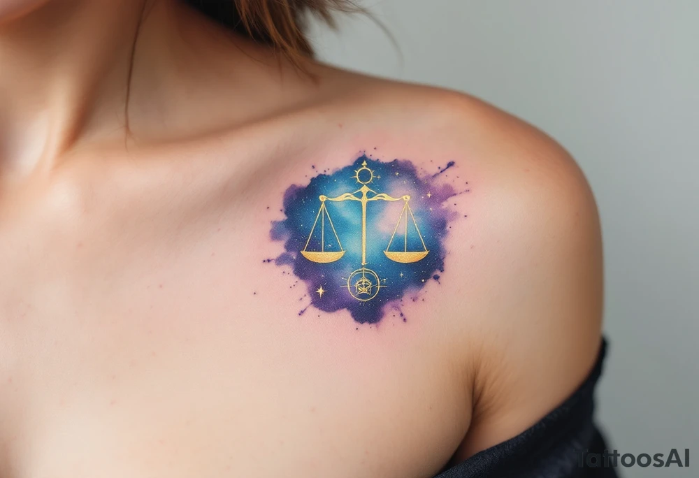 A celestial-themed tattoo combines the Libra star constellation in gold with a cosmic sky in navy and purple hues. tattoo idea
