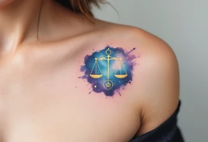 A celestial-themed tattoo combines the Libra star constellation in gold with a cosmic sky in navy and purple hues. tattoo idea
