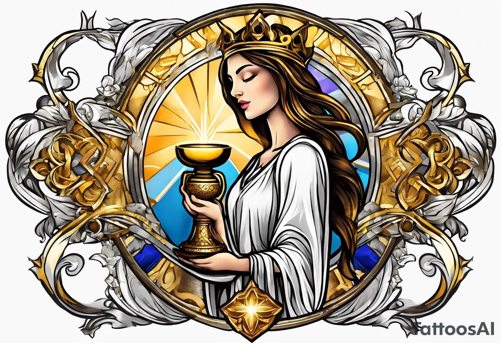woman saint holding chalice surrounded by golden halo sideways tattoo idea