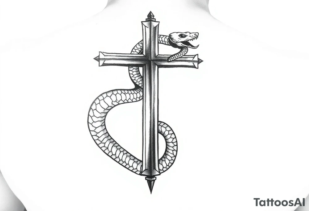black and white drawing of a cross and a snake wrapped around it, leviathan cross, striking graphic illustration featuring a black cross engulfed by a snake, which forms an infinity loop. The snake is depicted with intricate scales and a menacing expression, coiling tightly around the vertical shaft of the cross. The overall composition is bold and simplistic tattoo idea