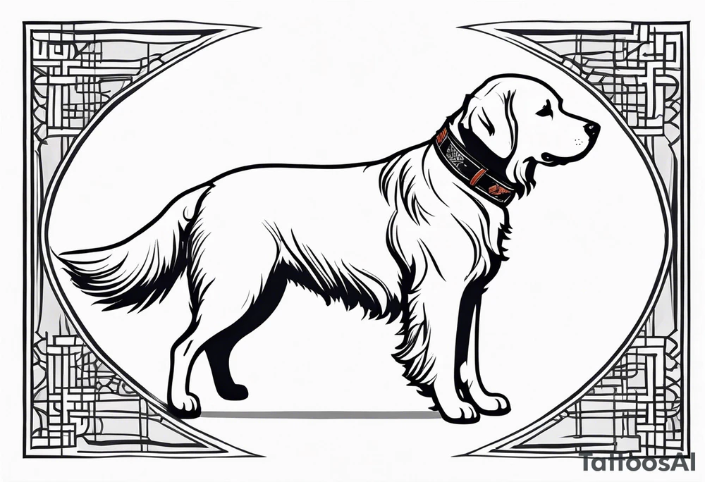 a golden retriever in a jujitsu gi including belt full body view tattoo idea