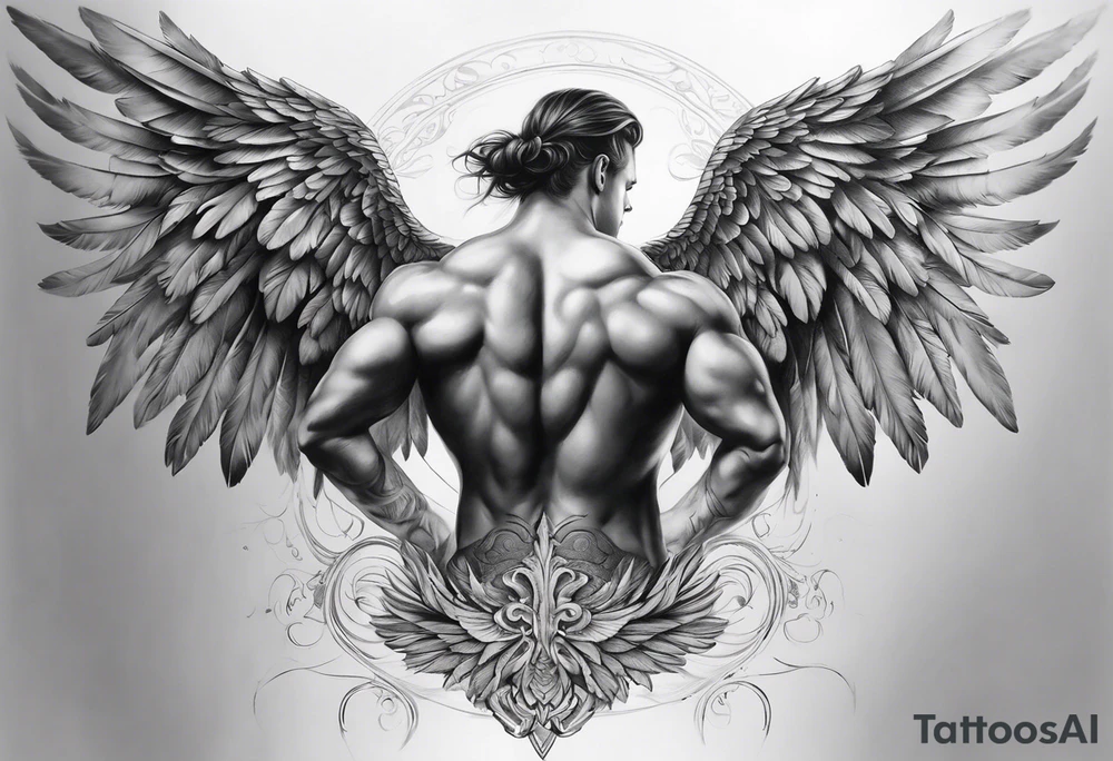 Realistic angel wings extending from a mens shoulders, covering the upper arms and upper back. The feathers are intricately detailed, with soft shading in black and gray to create depth and texture. The wings gently converge in the middle of the back, forming a harmonious and cohesive design. tattoo idea