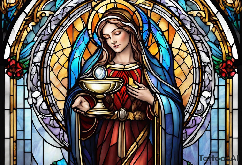 holy saint woman with halo stained glass holding a chalice tattoo idea