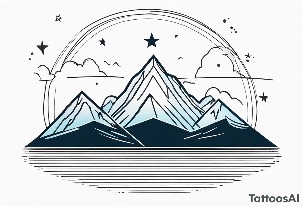 Mountain Skyline with one High Peak. Water in Front. Mountain Peak with circle dotted Line. Two Stars. Mountain and water Run Out flat in the side tattoo idea