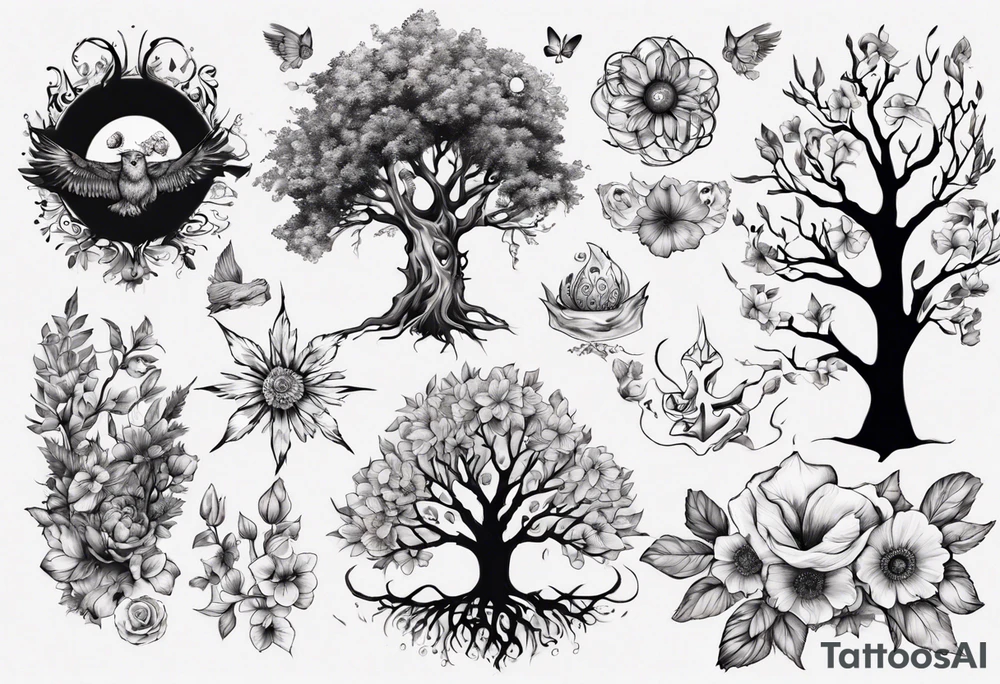 wasser, sonne, eule  wald, 
blume des lebens, 
baum, berlin tattoo idea