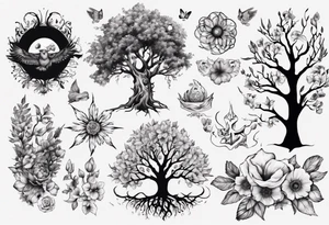 wasser, sonne, eule  wald, 
blume des lebens, 
baum, berlin tattoo idea