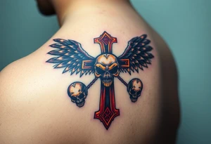 A gothic-style Metallica cross, adorned with sharp edges and dark winged skulls, glowing with fiery gold and dark blood-red shades tattoo idea
