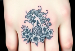 ethereal mermaid with flowing hair among coral and sea flowers tattoo idea