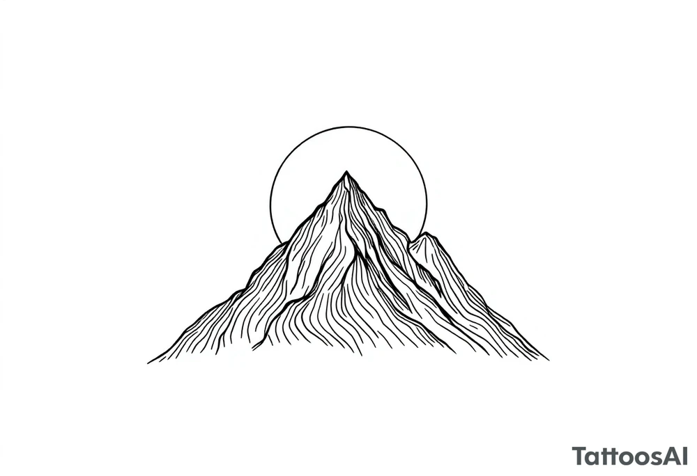 A sleek, triangular mountain outline with smooth, thin lines. Behind the peak, a perfectly symmetrical half-circle sun rises, partially hidden by the mountain’s base. The sun’s curve aligns seamlessly with the mountain, creating balance and flow. There is no shading—just pure, clean lines to keep the design minimalist. tattoo idea