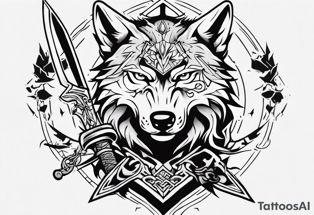 wolf head with sword in background tattoo idea