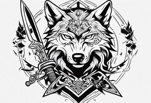 wolf head with sword in background tattoo idea
