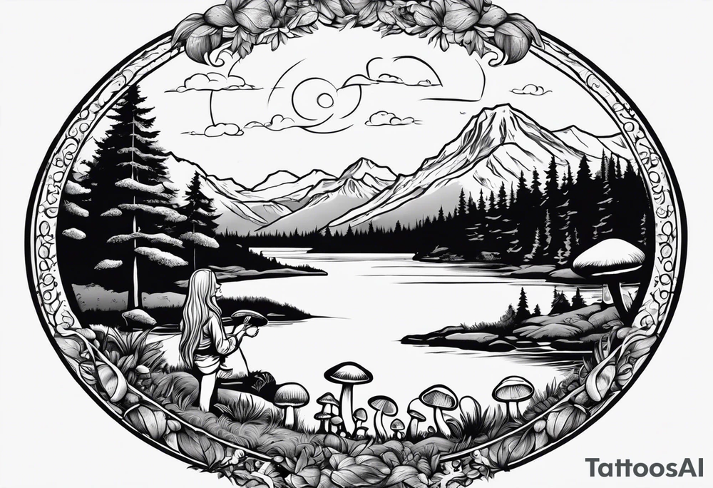 Whole picture encircled fully

Straight long blonde hair hippie girl in distance holding mushrooms in hand facing away toward mountains and creek surrounded by mushrooms long sleeve shirt and hiking pants; whole rendering within a full circle, no cut off circle tattoo idea