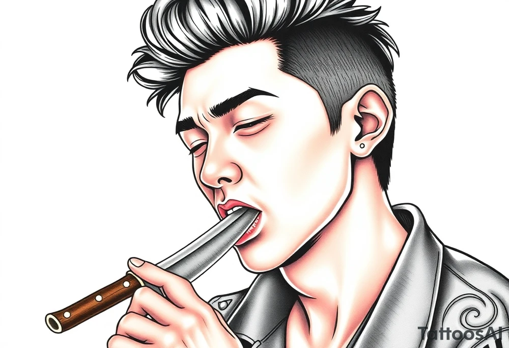 Handsome Asian young guy is licking a ritual knife tattoo idea