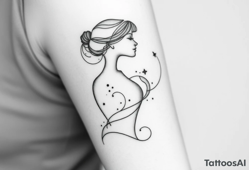 Black and gray tattoo design in fine line and soft shading style, depicting an abstract female silhouette in profile, elegant and poetic. From her chest, fluid and smoke-like shapes flow outward, symbolizing emotional healing, self-acceptance, and breathing oneself back to life. The design should feel ethereal and dreamlike, with delicate dots, subtle gradients, and graceful movement. No flowers, no butterflies, no geometric patterns. The composition should be around 7–8 cm in proportion, suitable for an arm placement, with a clean and feminine aesthetic but full of emotion and symbolism. tattoo idea