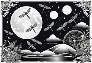 Moon phases with small dragonfly vertical tattoo idea
