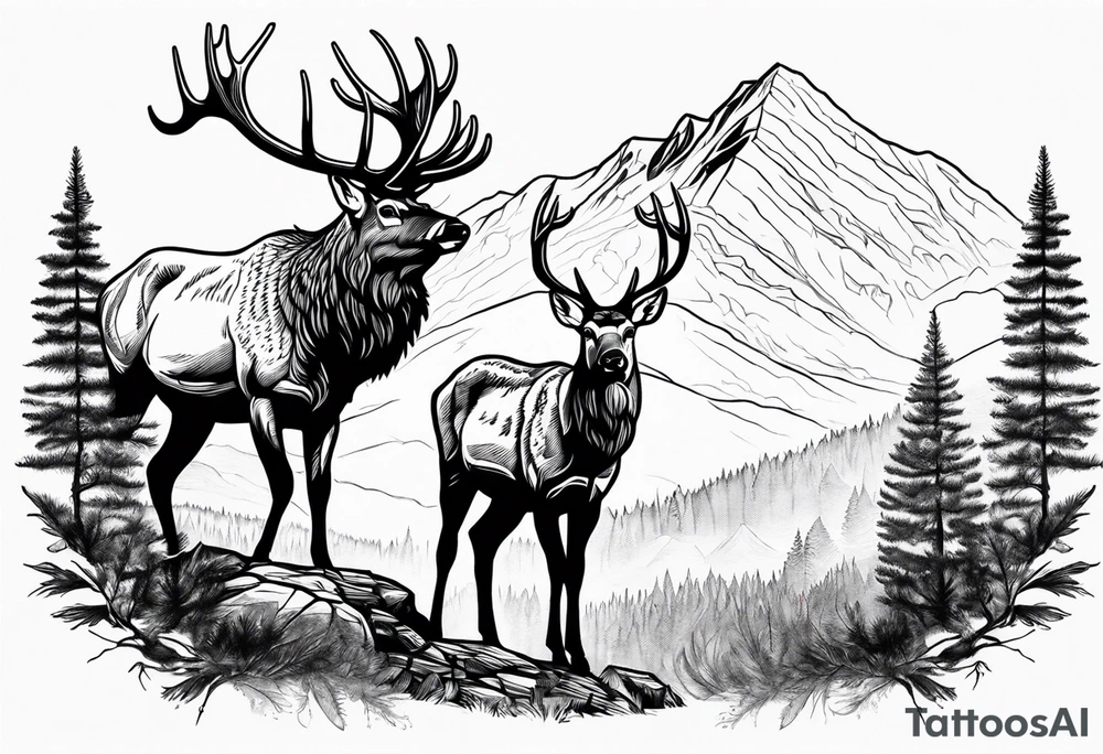 male and female elk with mountain landscape in the background tattoo idea