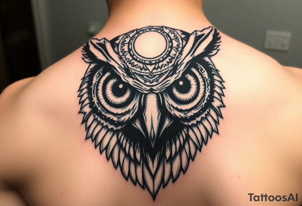Owl head with large intense tripping on acid colored eyes with cyberpunk style  and geometry and glowing circle on the forhead without pupil tattoo idea