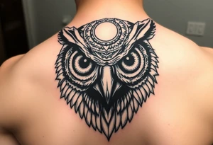 Owl head with large intense tripping on acid colored eyes with cyberpunk style  and geometry and glowing circle on the forhead without pupil tattoo idea