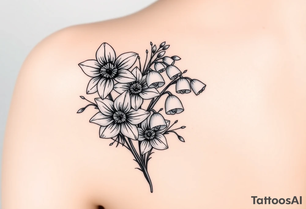 realistic daisies, daffodils, lily of the valley covering bicep for woman tattoo idea