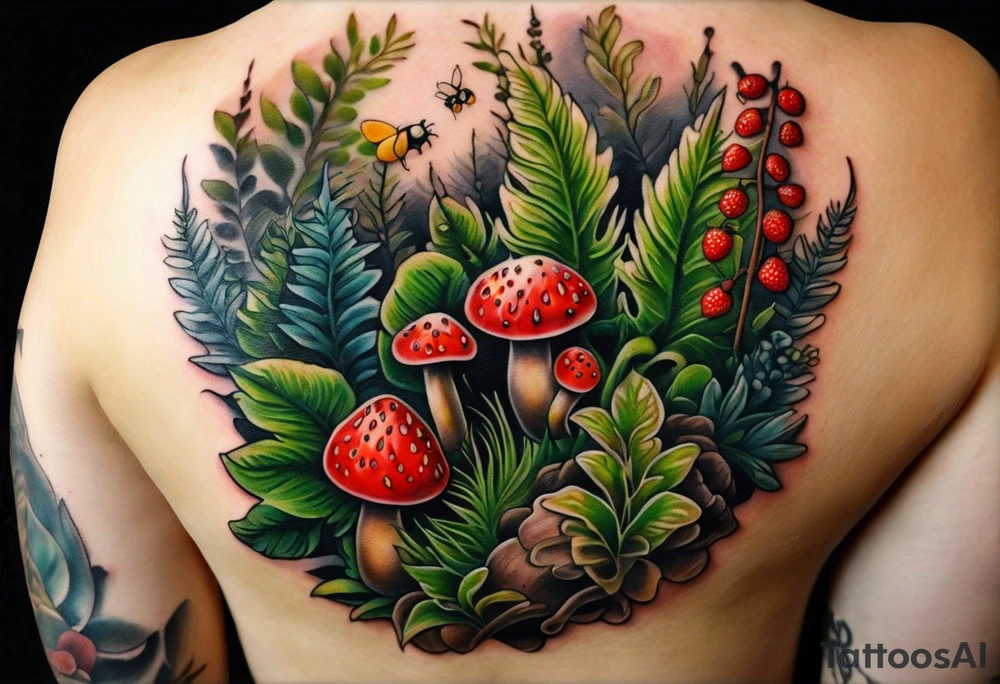 forest floor inspired realistic tattoo, which includes grass, curly ferns and dead leaves as the bulk of the tattoo. details to include: three very tiny strawberries, couple of VERY small mushrooms, a tiny bumblebee flying nearby tattoo idea