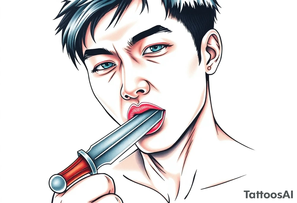 Handsome Asian young guy cutting his lip with a blade tattoo idea