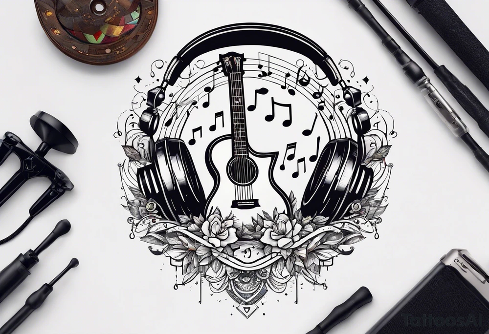 1/4 sleeve length
music notes, a cassette tape, and
instruments tattoo idea