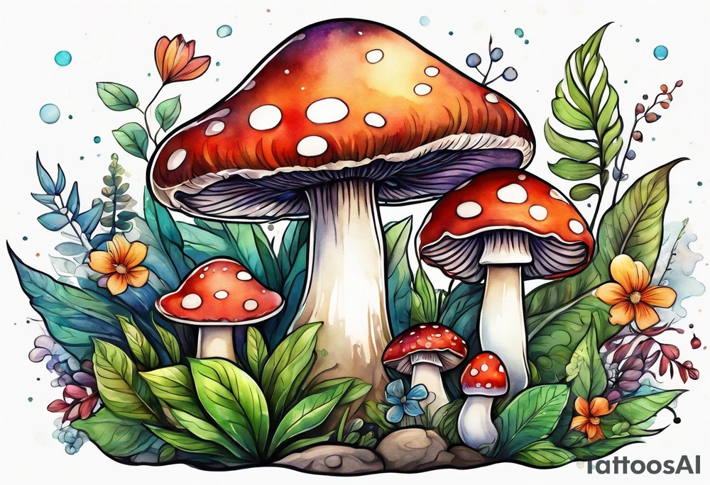 Happy mushroom surrounded by smaller plants tattoo idea