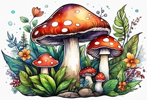 Happy mushroom surrounded by smaller plants tattoo idea