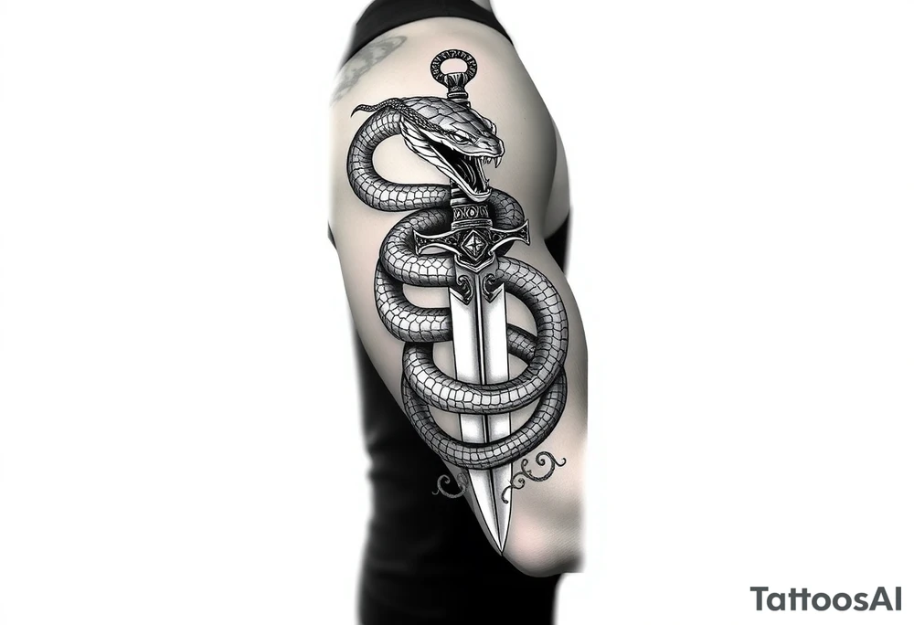mystical snake coiled around an ancient dagger with jeweled hilt tattoo idea