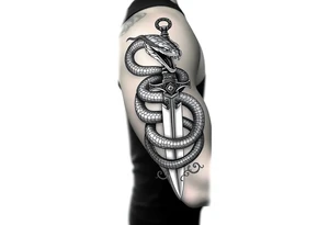 mystical snake coiled around an ancient dagger with jeweled hilt tattoo idea