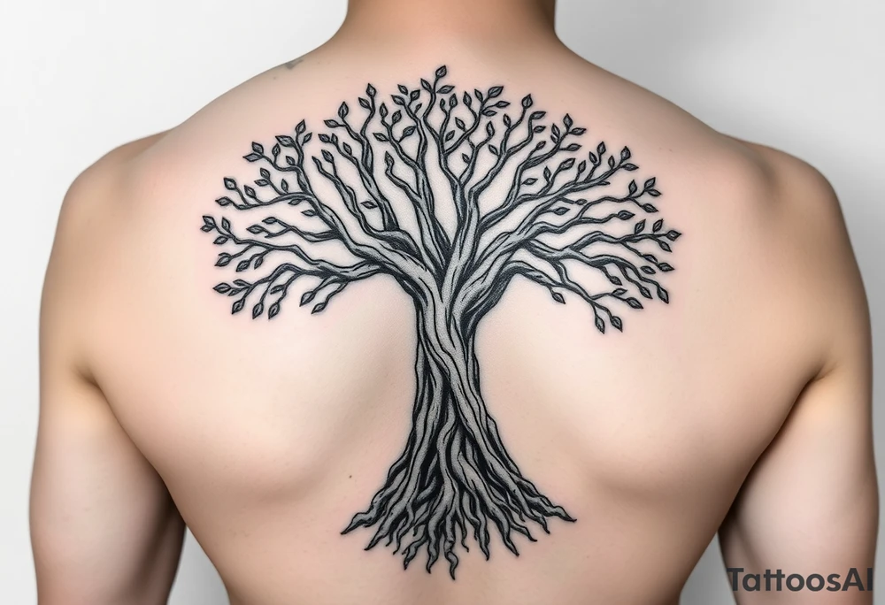 extravagant sacred nnative tree of life who roots rdrive deep into mother eart who has a faceless sillowet of grandmother tattoo idea