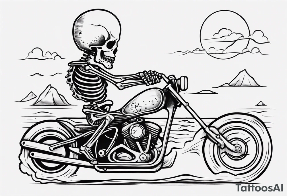 Skeleton riding motorcycle along the beach tattoo idea