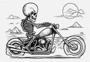Skeleton riding motorcycle along the beach tattoo idea