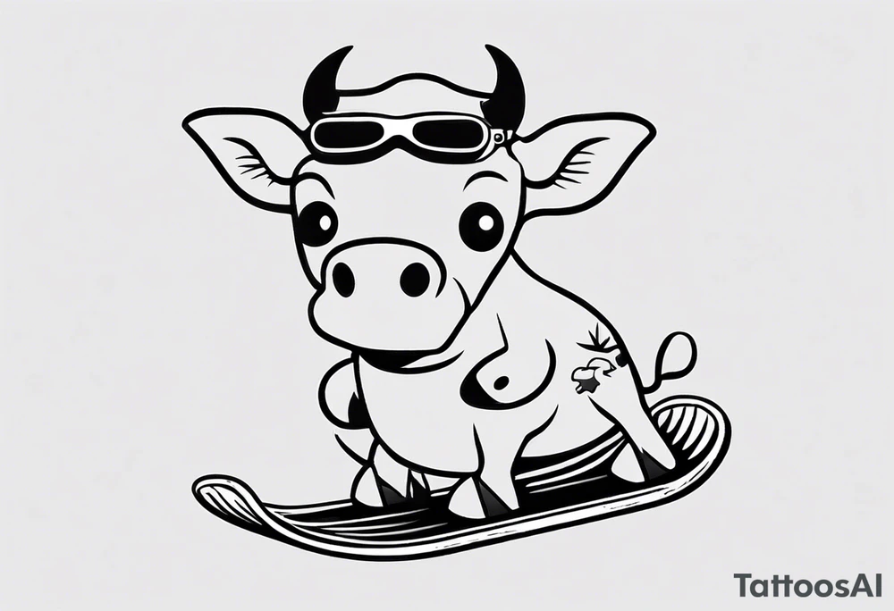 cow snowboarding wearing goggles, very simple linework tattoo idea cow snowboarding wearing goggles, very simple linework tattoo idea