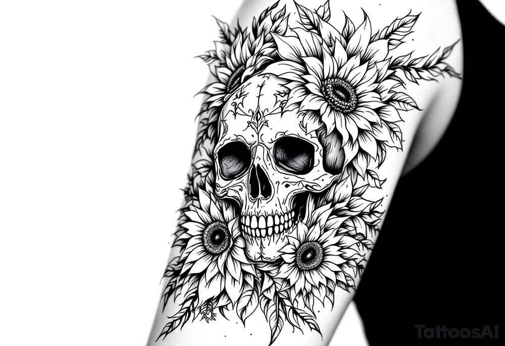 ornate skull adorned with wild roses and sunflowers tattoo idea
