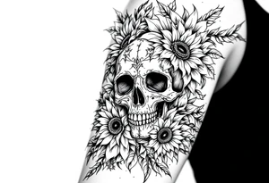 ornate skull adorned with wild roses and sunflowers tattoo idea