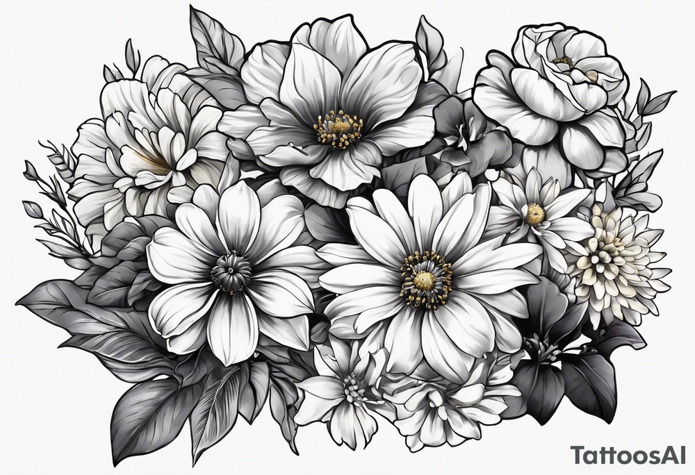 black and gray bunch of flowers that include three violets, one daffodil, five daisies, one rose, one morning glory, two marigolds, one chysanthemum with three of the daisies and the chrysanthemum at the center of the tattoo tattoo idea