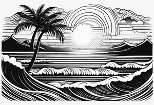 palm tree front of a sunset and waves tattoo idea