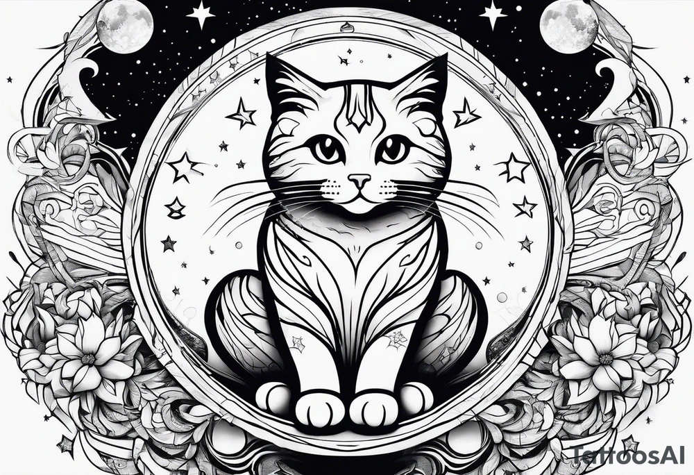 cat in space surrounded by line tattoo idea